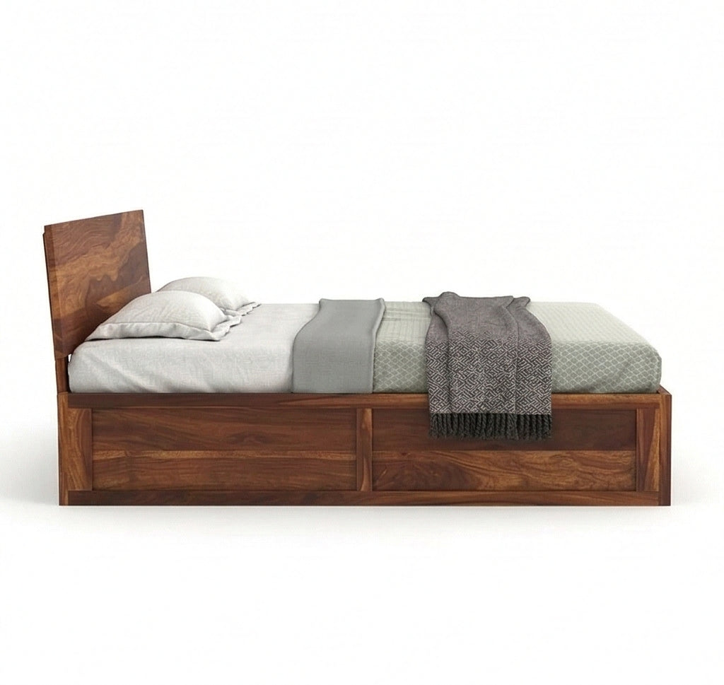 Low Profile Solid Wood Platform Bed with Storage in a White Background, Side View