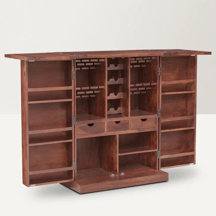 Luxury Sheesham Wood Expandable Modern Diamond Bar Cabinet