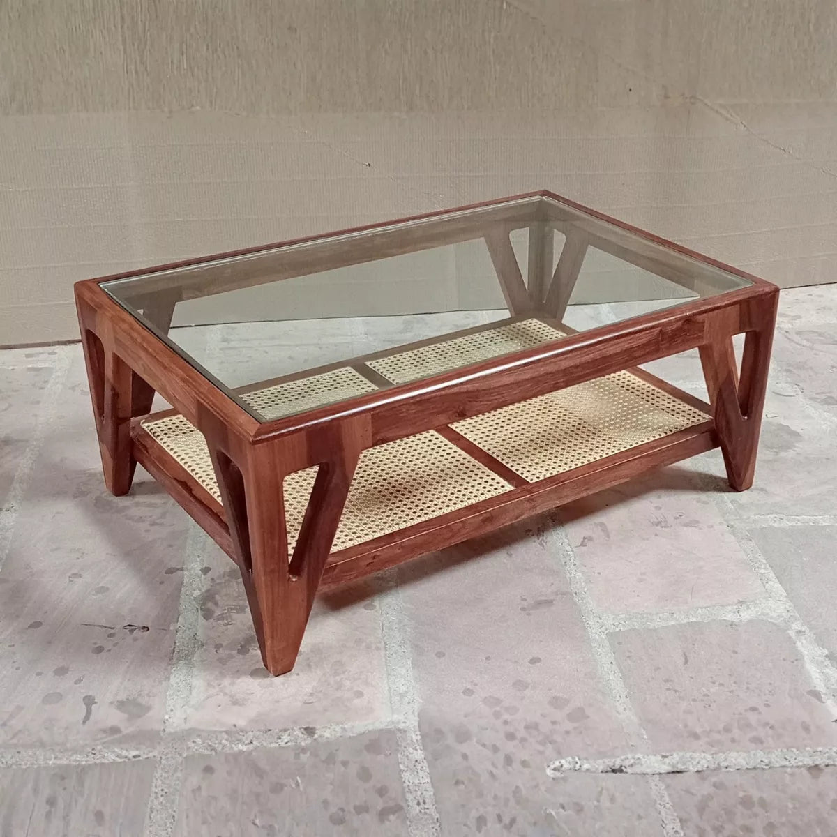 Mid-Century Sheesham Wood Rectangular Cane Coffee Table with Glass Top