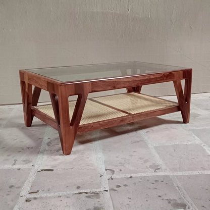 Mid-Century Sheesham Wood Rectangular Cane Coffee Table with Glass Top