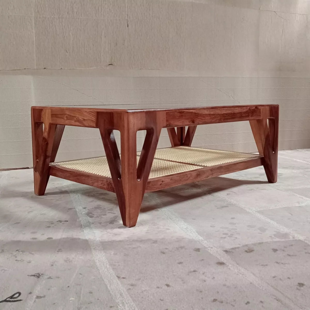 Mid-Century Sheesham Wood Rectangular Cane Coffee Table with Glass Top