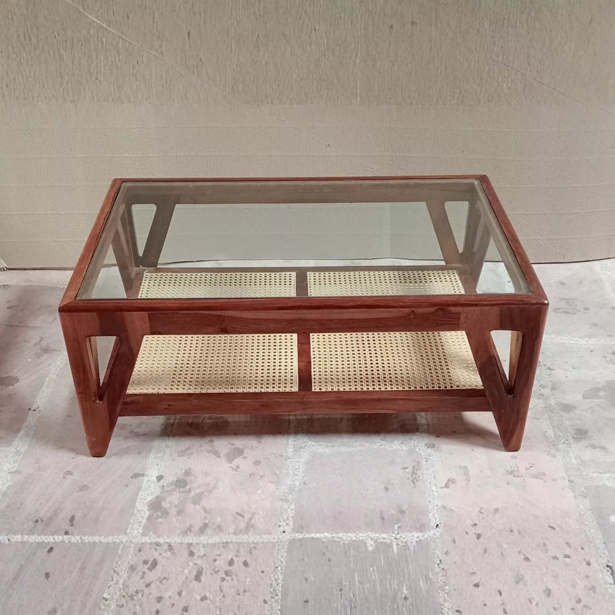 Mid-Century Sheesham Wood Rectangular Cane Coffee Table with Glass Top