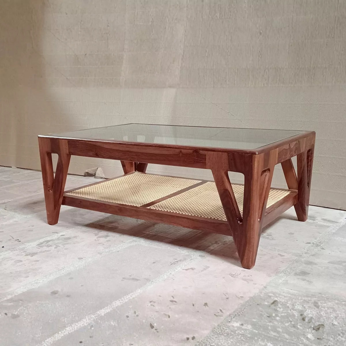 Mid-Century Sheesham Wood Rectangular Cane Coffee Table with Glass Top