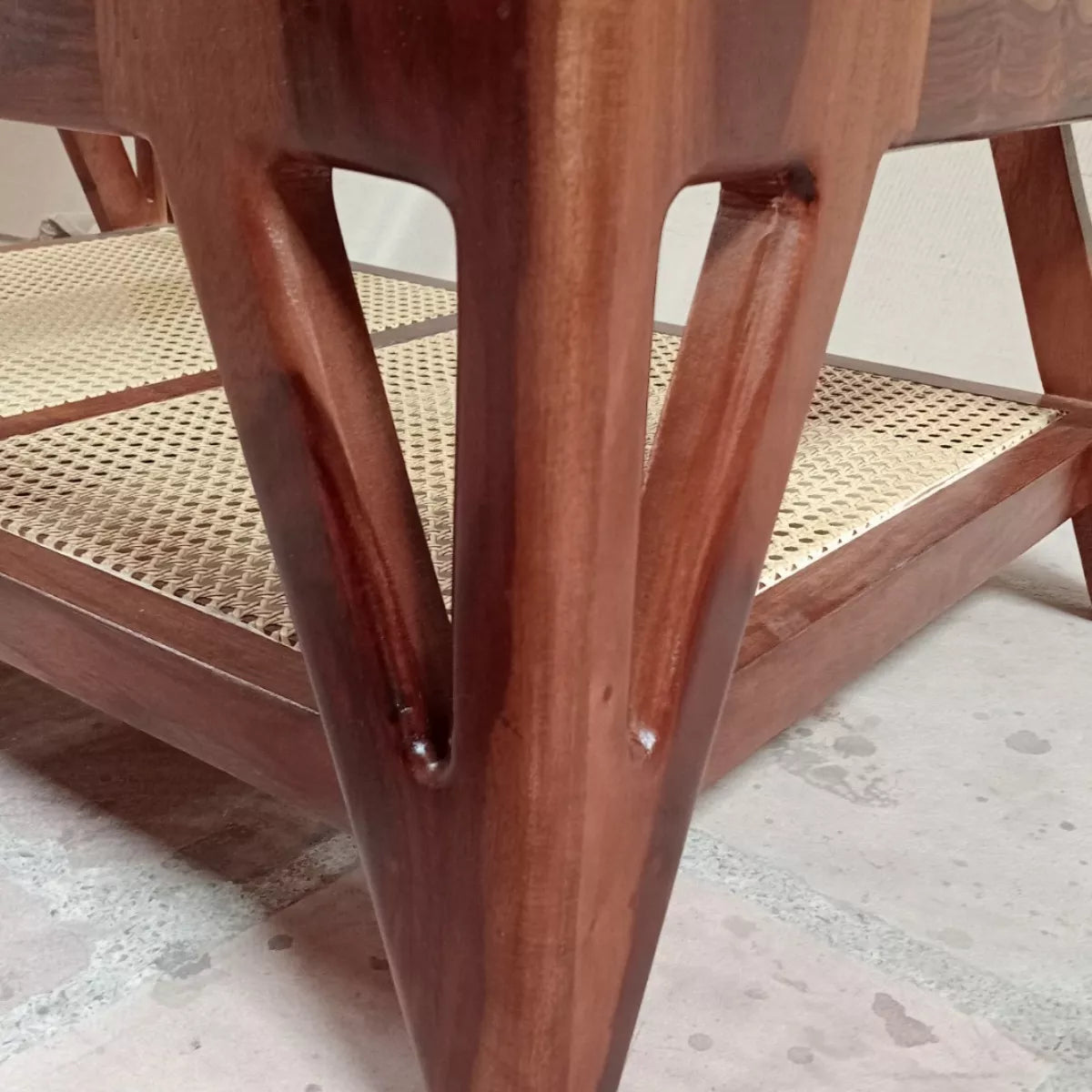 Mid-Century Sheesham Wood Rectangular Cane Coffee Table with Glass Top