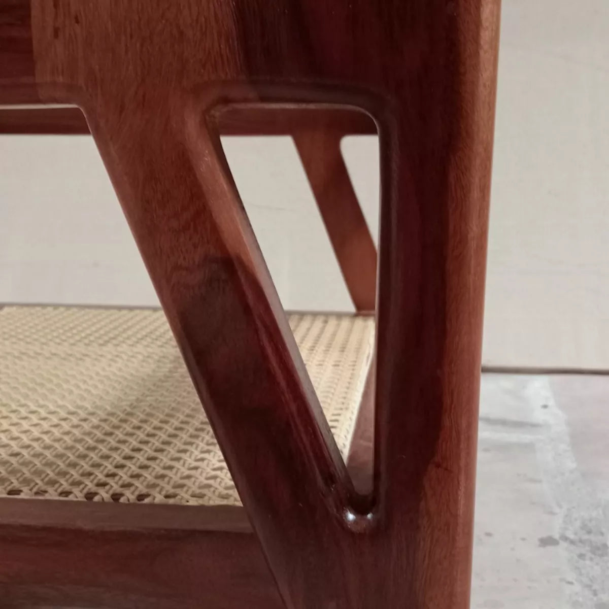 Mid-Century Sheesham Wood Rectangular Cane Coffee Table with Glass Top