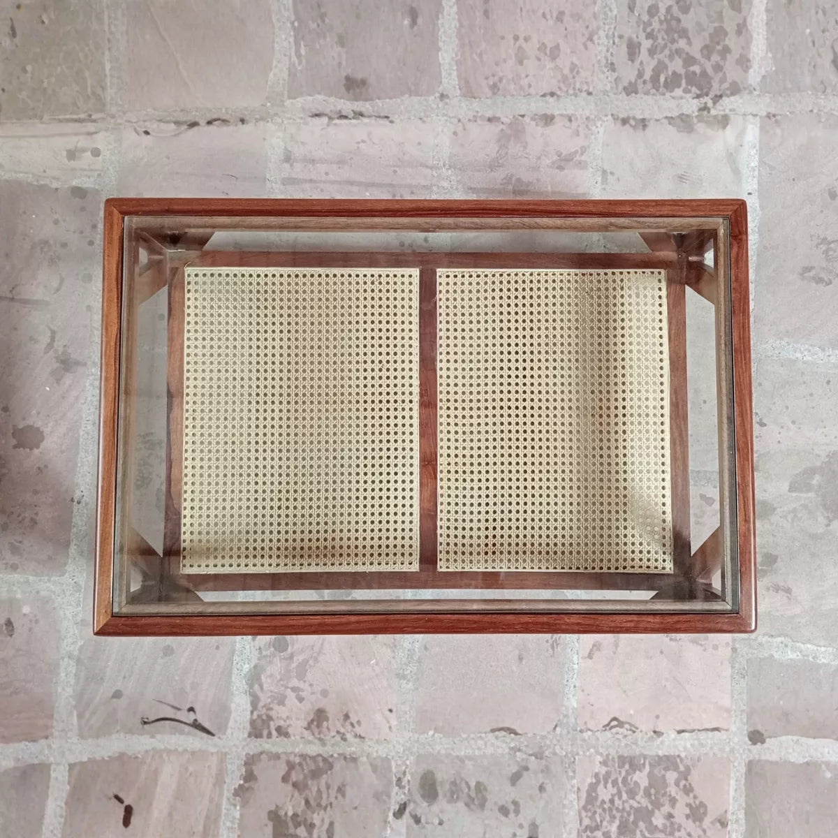 Mid-Century Sheesham Wood Rectangular Cane Coffee Table with Glass Top