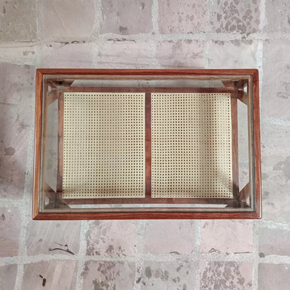 Mid-Century Sheesham Wood Rectangular Cane Coffee Table with Glass Top