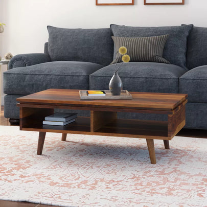 Milo Modern Rectangular Sheesham Wood Open Shelf Coffee Table in a Living Room