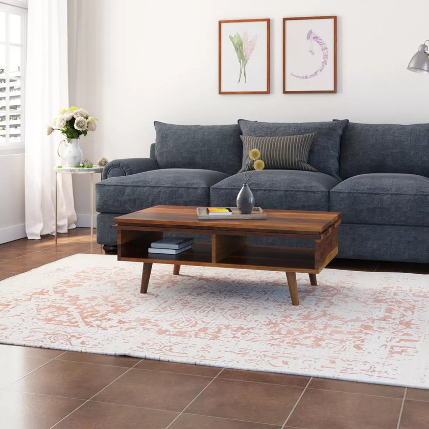 Milo Modern Rectangular Sheesham Wood Open Shelf Coffee Table in a Living Room
