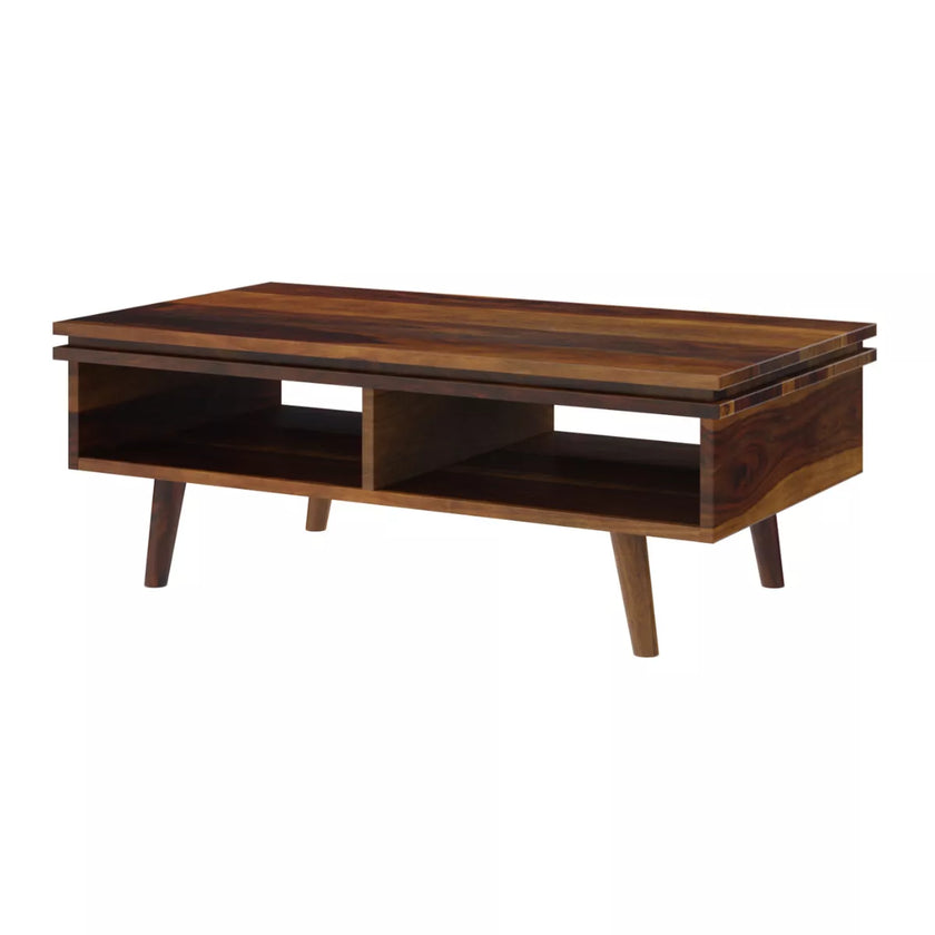 Wooden coffee table with a dark brown finish on a white background
