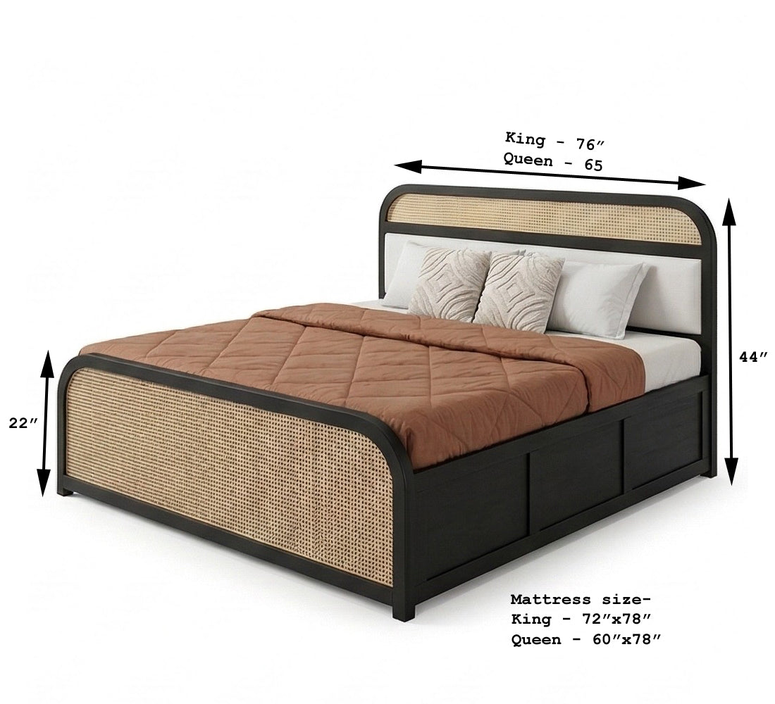 Modern Cane Panel Solid Wood Bed with Box storage, Dimensions 