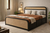 Modern Cane Panel Solid Wood Bed with Box storage in a Premum Bedroom, Closeup View