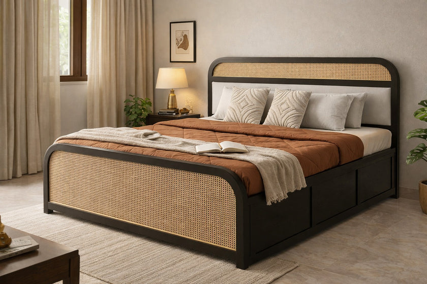 Modern Cane Panel Solid Wood Bed with Box storage in a Premum Bedroom, Closeup View