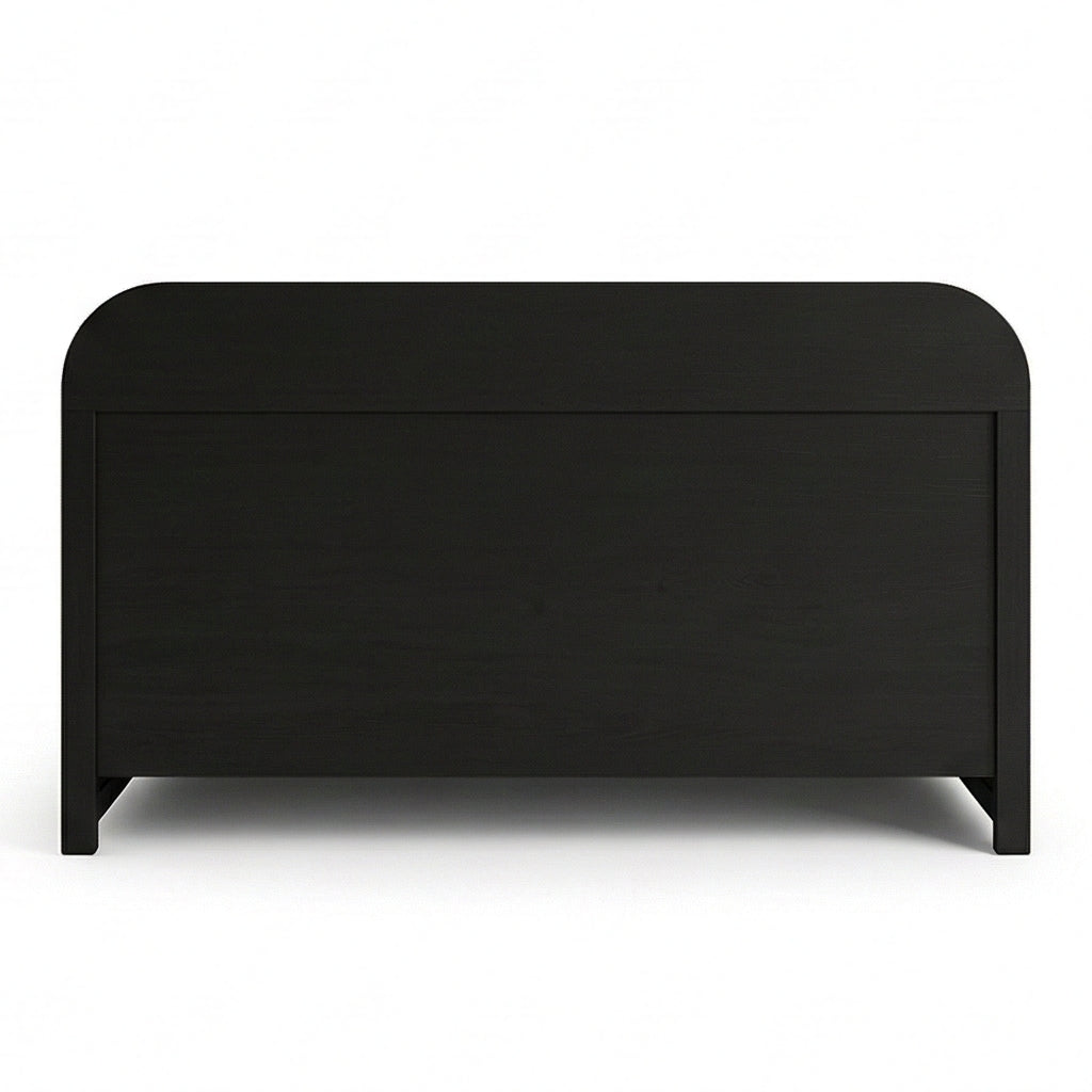 Modern Cane Panel Solid Wood Bed with Box storage in a White Background, Back View