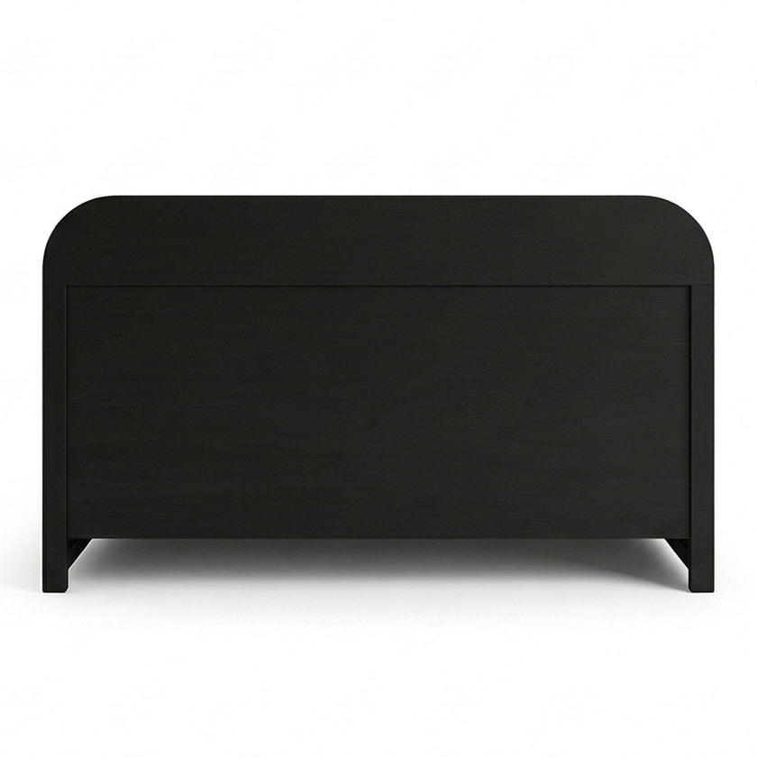 Modern Cane Panel Solid Wood Bed with Box storage in a White Background, Back View