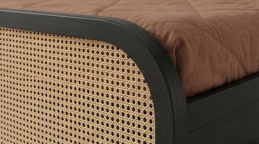 Modern Cane Panel Solid Wood Bed with Box storage in a White Background, Cane Closeup View
