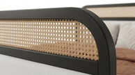 Modern Cane Panel Solid Wood Bed with Box storage in a White Background, Footboard Closeup View