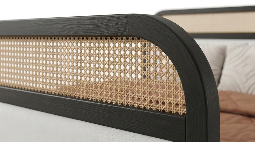 Modern Cane Panel Solid Wood Bed with Box storage in a White Background, Footboard Closeup View