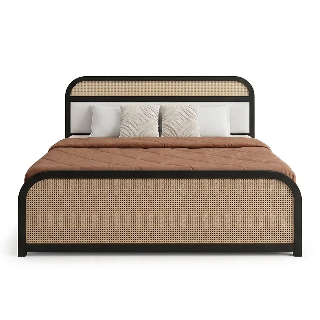 Modern Cane Panel Solid Wood Bed with Box storage in a White Background, Front View