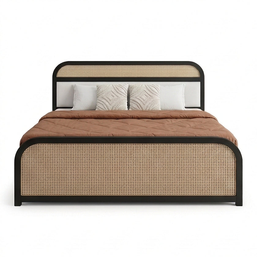 Modern Cane Panel Solid Wood Bed with Box storage in a White Background, Front View