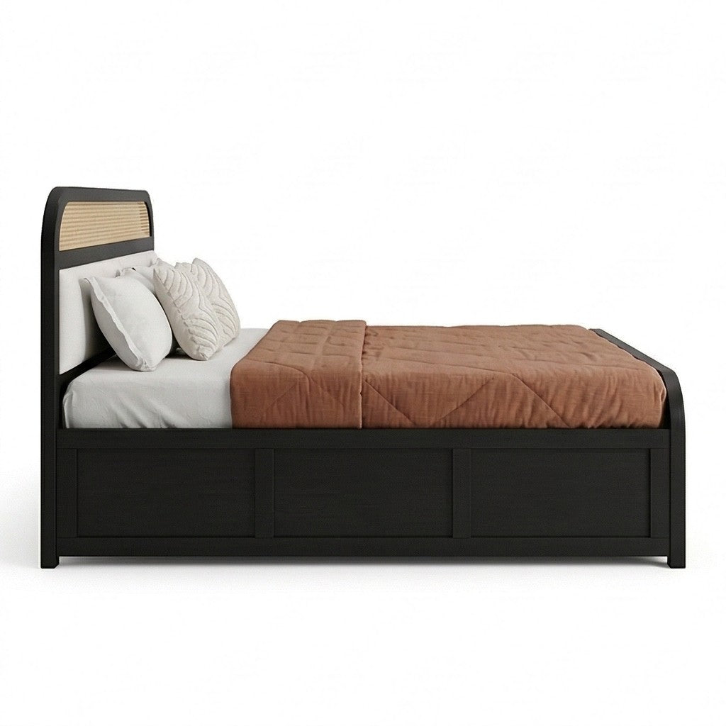 Modern Cane Panel Solid Wood Bed with Box storage in a White Background, Side View