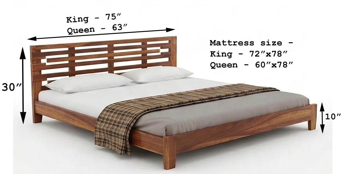 Modern Solid Wood Bed with Horizontal Slatted Headboard with Dimensions