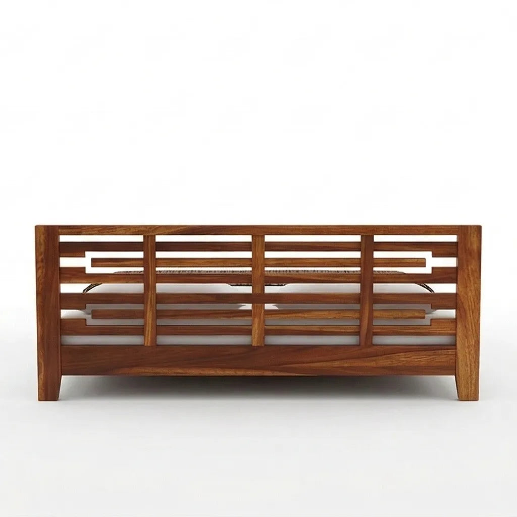 Modern Solid Wood Bed with Horizontal Slatted Headboard, White Background, Back View