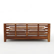 Modern Solid Wood Bed with Horizontal Slatted Headboard, White Background, Back View