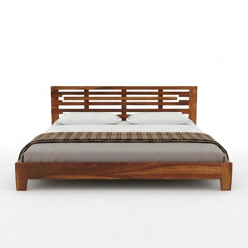 Modern Solid Wood Bed with Horizontal Slatted Headboard, White Background, Front View