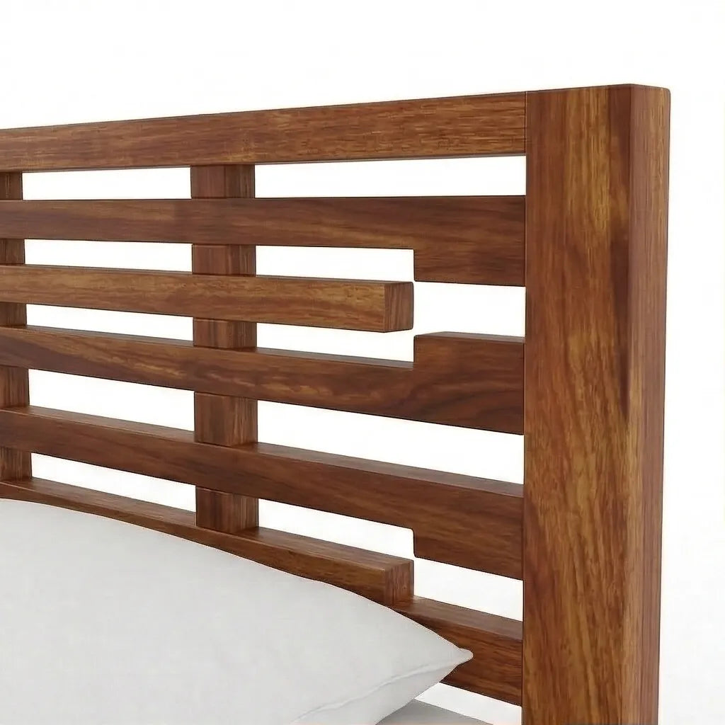 Modern Solid Wood Bed with Horizontal Slatted Headboard, White Background, Headboard Closeup View