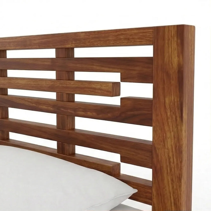 Modern Solid Wood Bed with Horizontal Slatted Headboard, White Background, Headboard Closeup View