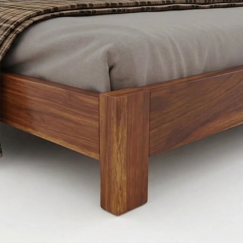 Modern Solid Wood Bed with Horizontal Slatted Headboard, White Background, Leg Closeup View