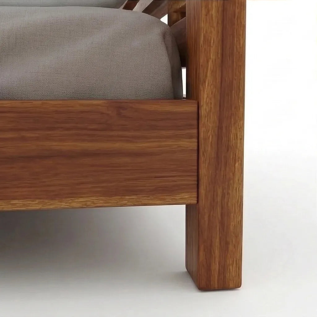 Modern Solid Wood Bed with Horizontal Slatted Headboard, White Background, Side Panel Closeup View