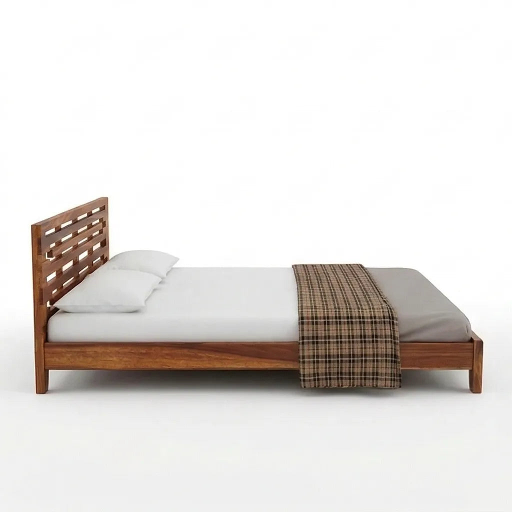 Modern Solid Wood Bed with Horizontal Slatted Headboard, White Background, Side View