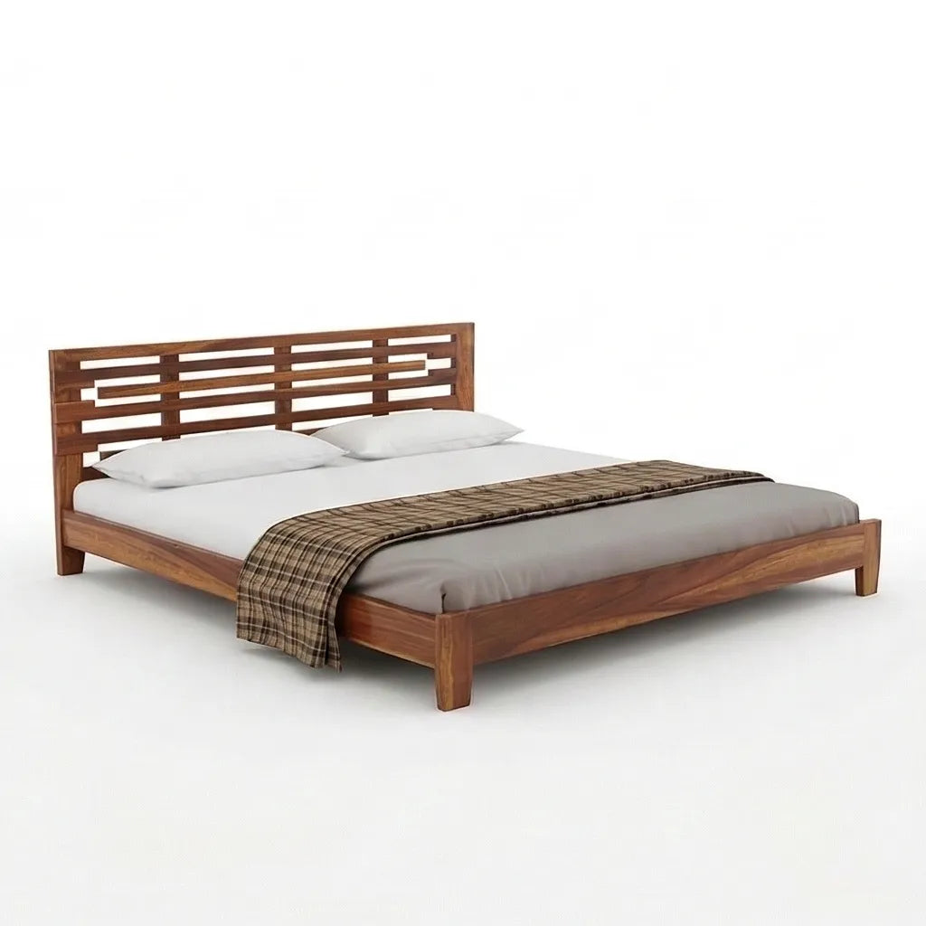 Modern Solid Wood Bed with Horizontal Slatted Headboard, White Background, isometric View