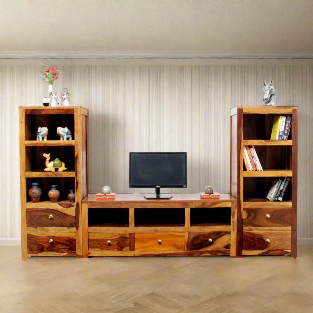 Montaro Contempoary Sheesham Wood TV Unit with Book Shelves