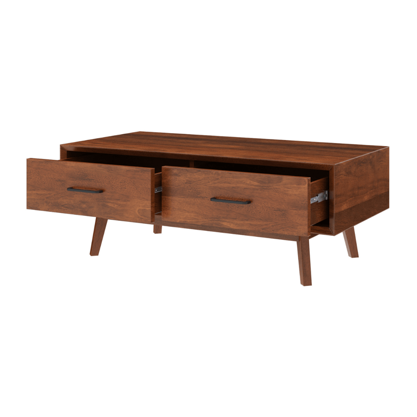 Wooden coffee table with drawers on a white background