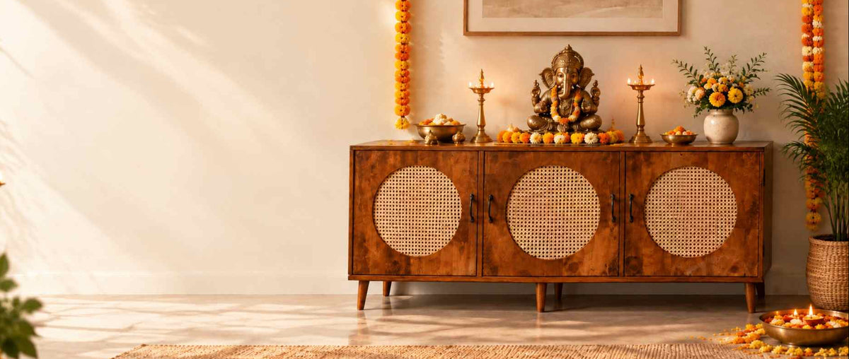 Petal O Solid Wood 3 Door TV Cabinet with Cane Inserts