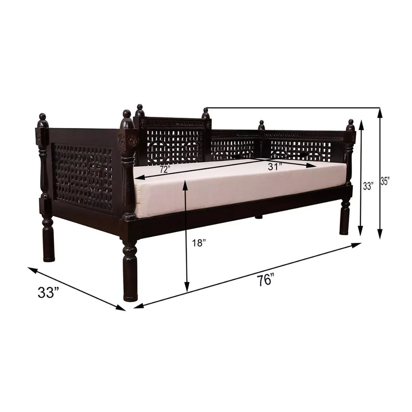Wooden sofa diwan with dimensions labeled on a white background