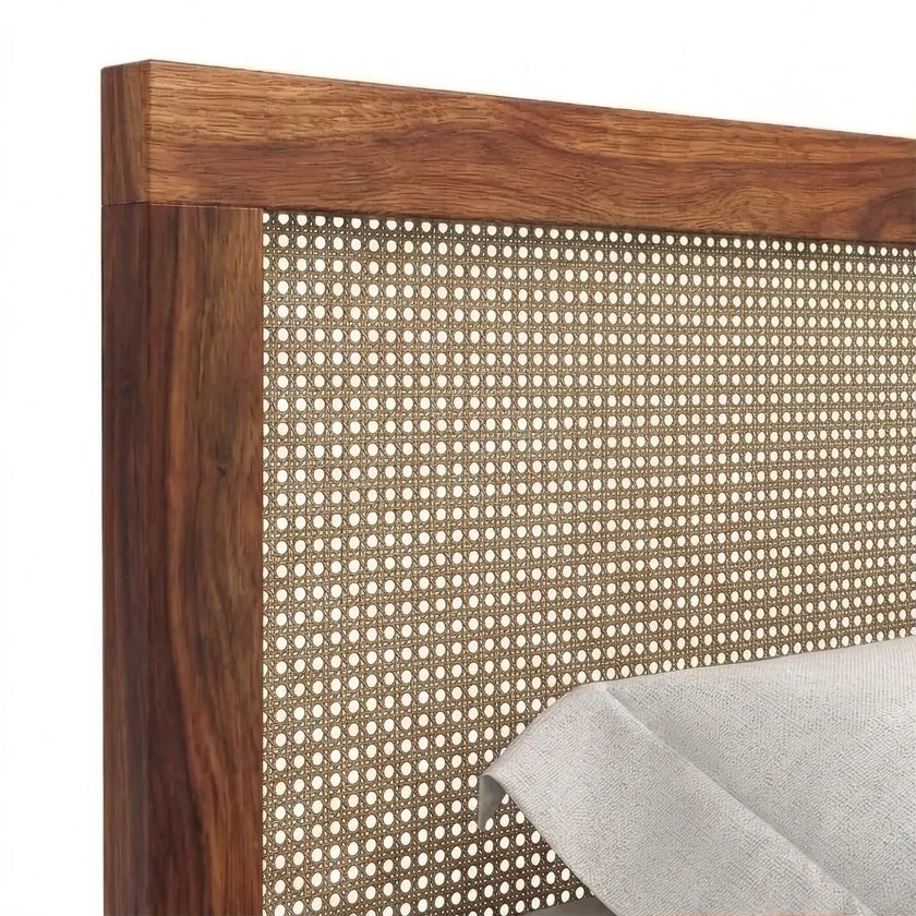 Rattan Cane Solid Wood Bed Frame with Headboard Closeup View