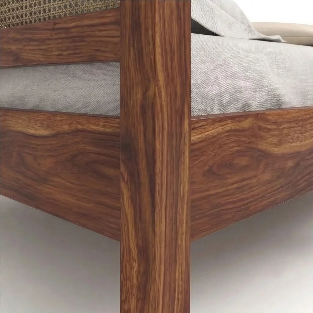 Rattan Cane Solid Wood Bed Frame with Headboard, Closeup View of Back Panel