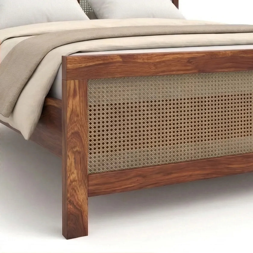 Rattan Cane Solid Wood Bed Frame with Headboard, Closeup View of Footboard