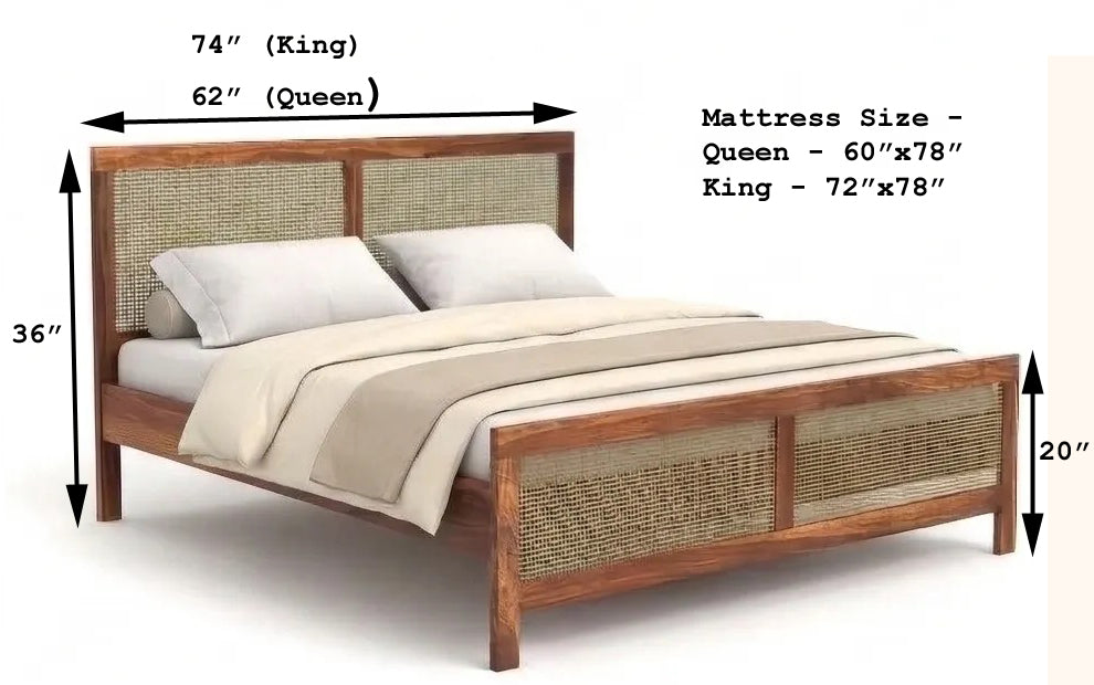 Wooden bed frame with dimensions labeled for Queen and King sizes on a white background.