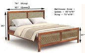 Wooden bed frame with dimensions labeled for Queen and King sizes on a white background.