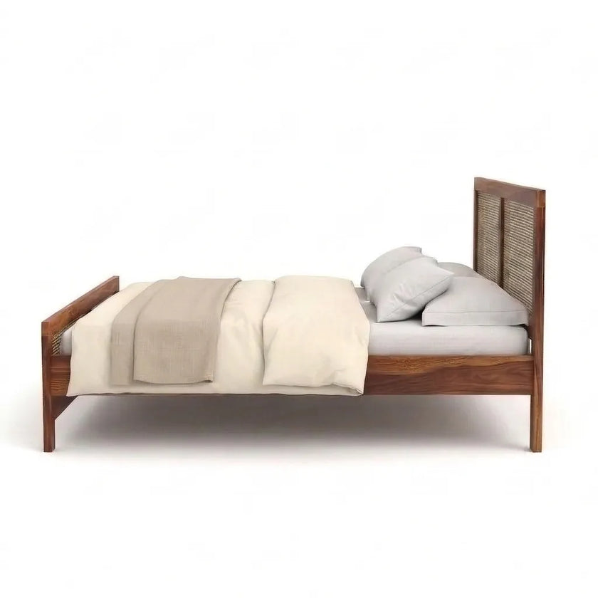 Rattan Cane Solid Wood Bed Frame with Headboard, Side View