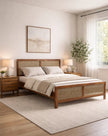 Rattan Cane Solid Wood Bed Frame with Headboard in a Bedroom Setting
