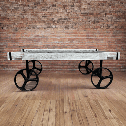 Retro Cart-Inspired Industrial Style Wood Coffee Table with Metal Wheels