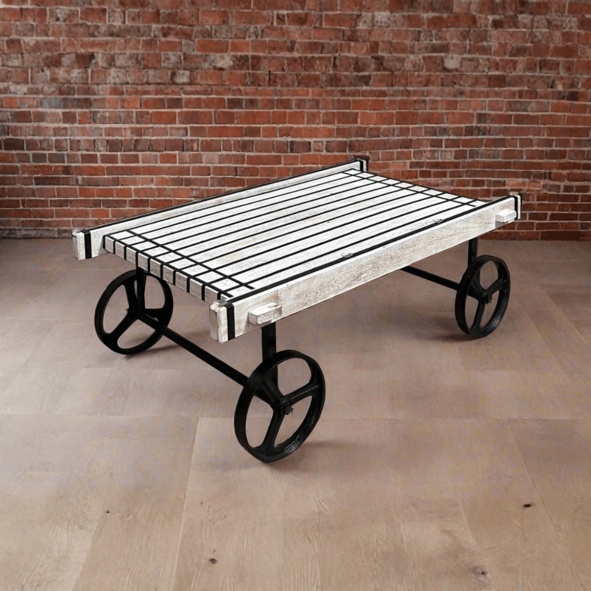 Retro Cart-Inspired Industrial Style Wood Coffee Table with Metal Wheels