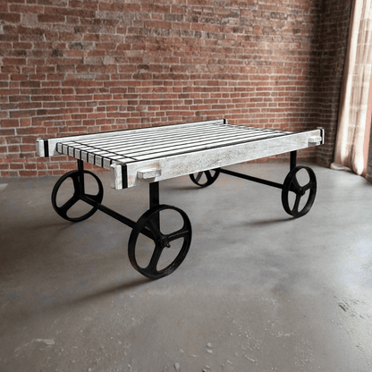Retro Cart-Inspired Industrial Style Wood Coffee Table with Metal Wheels