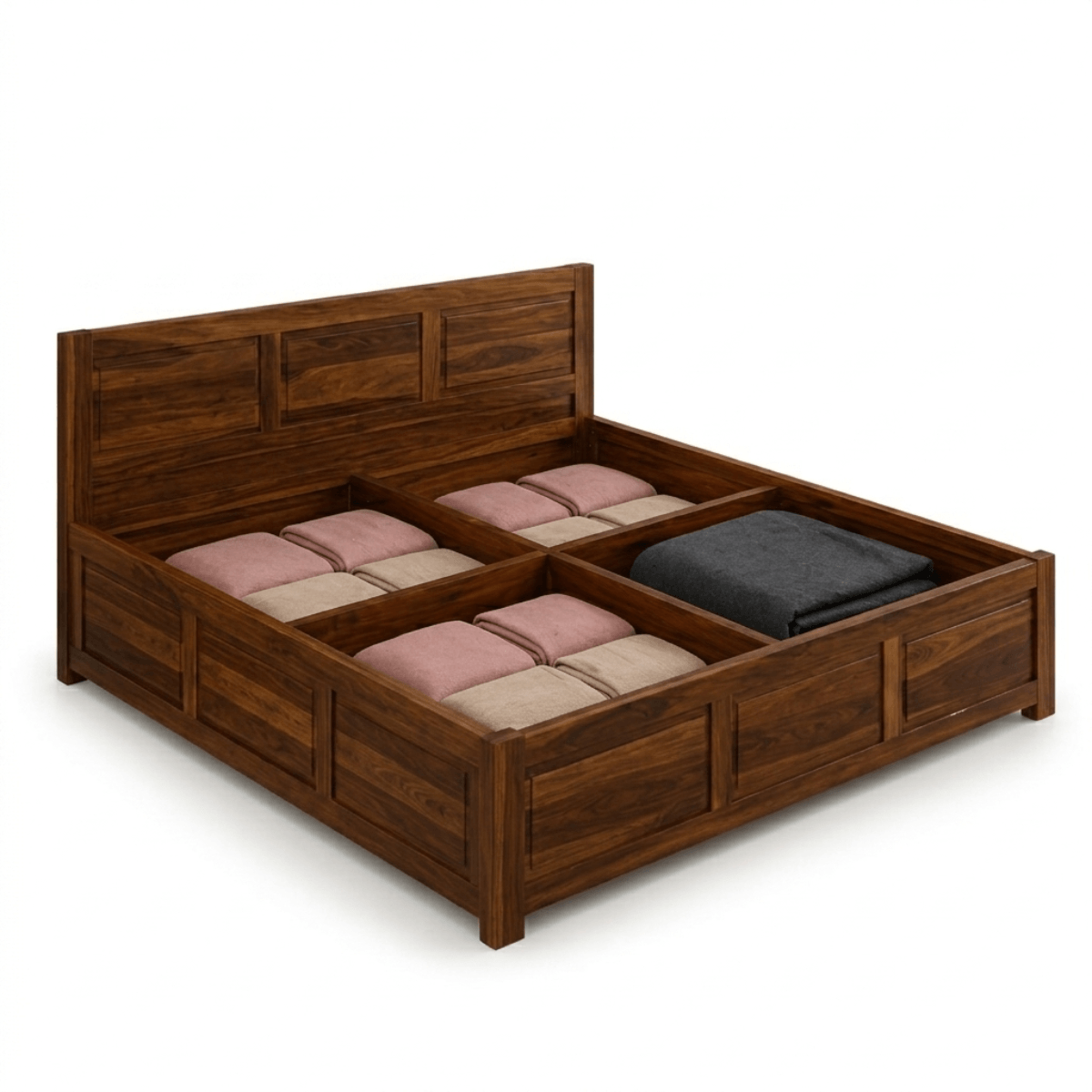 Riti Solid Sheesham Wood Bed With Three Panel Headboard